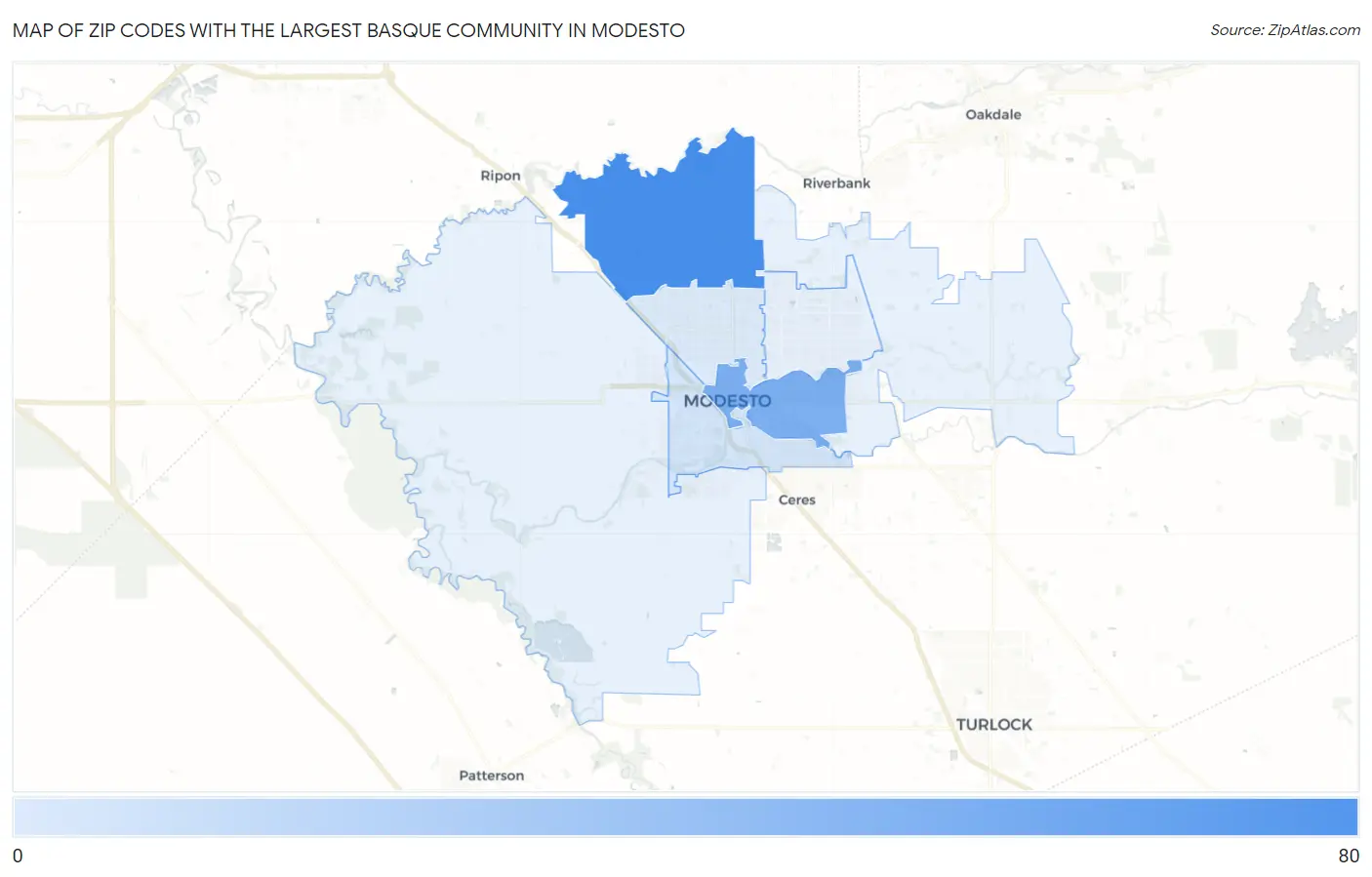 Zip Codes with the Largest Basque Community in Modesto Map