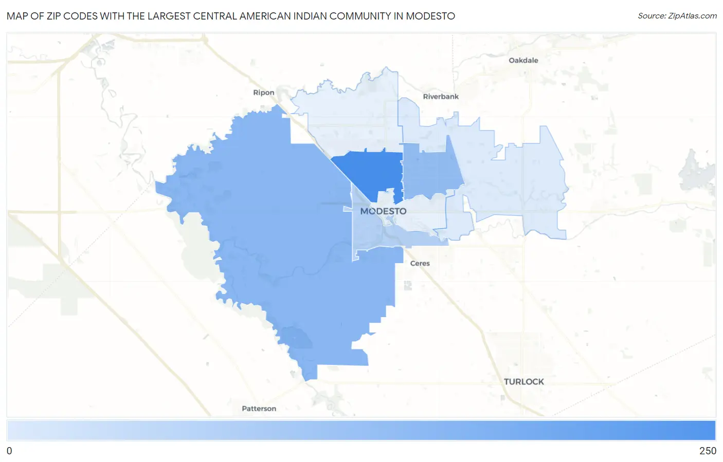 Zip Codes with the Largest Central American Indian Community in Modesto Map