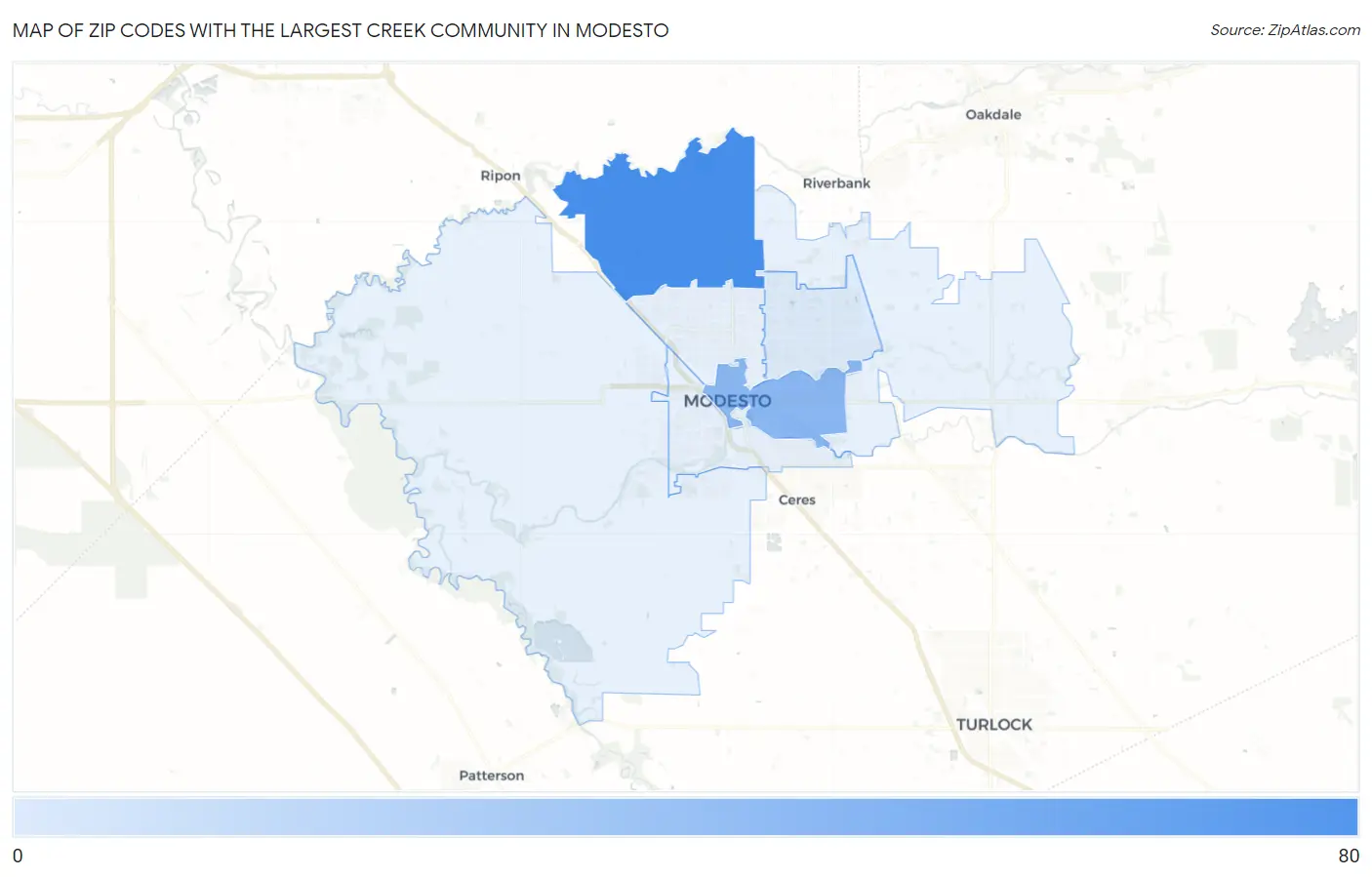 Zip Codes with the Largest Creek Community in Modesto Map