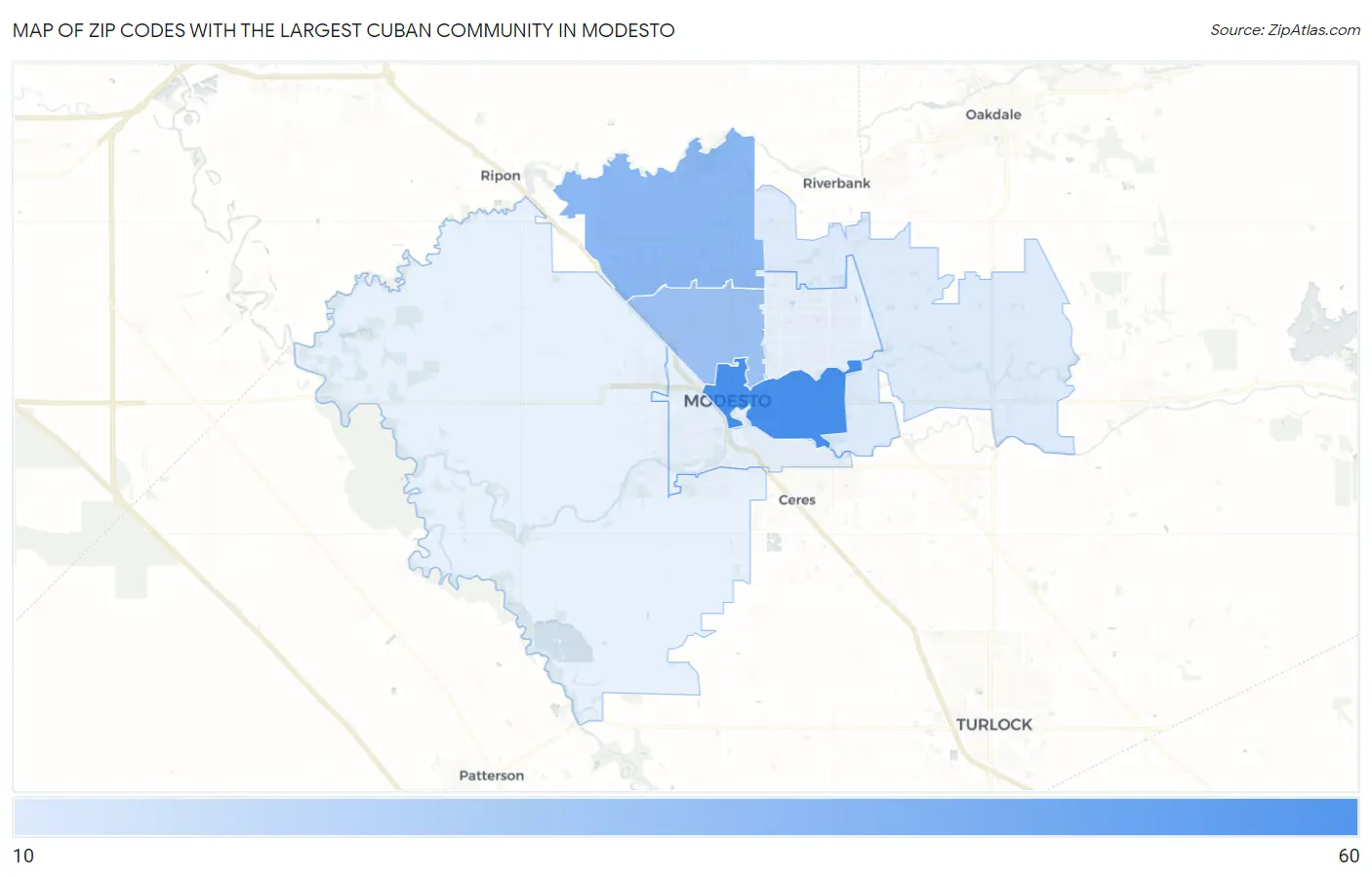 Zip Codes with the Largest Cuban Community in Modesto Map