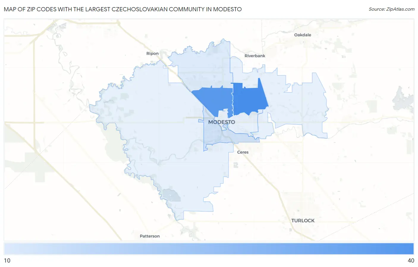 Zip Codes with the Largest Czechoslovakian Community in Modesto Map