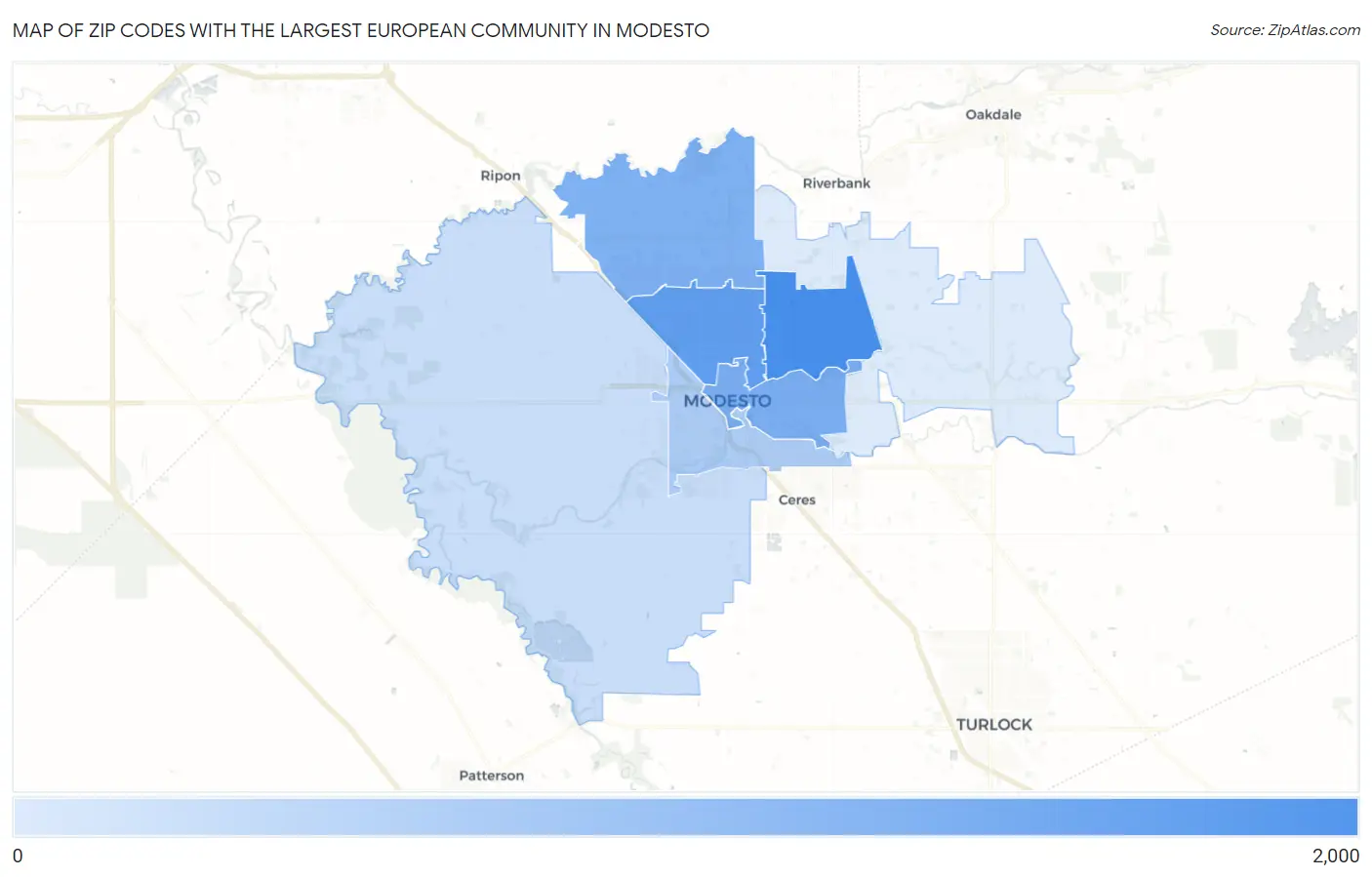 Zip Codes with the Largest European Community in Modesto Map