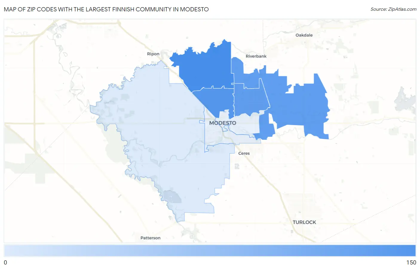 Zip Codes with the Largest Finnish Community in Modesto Map