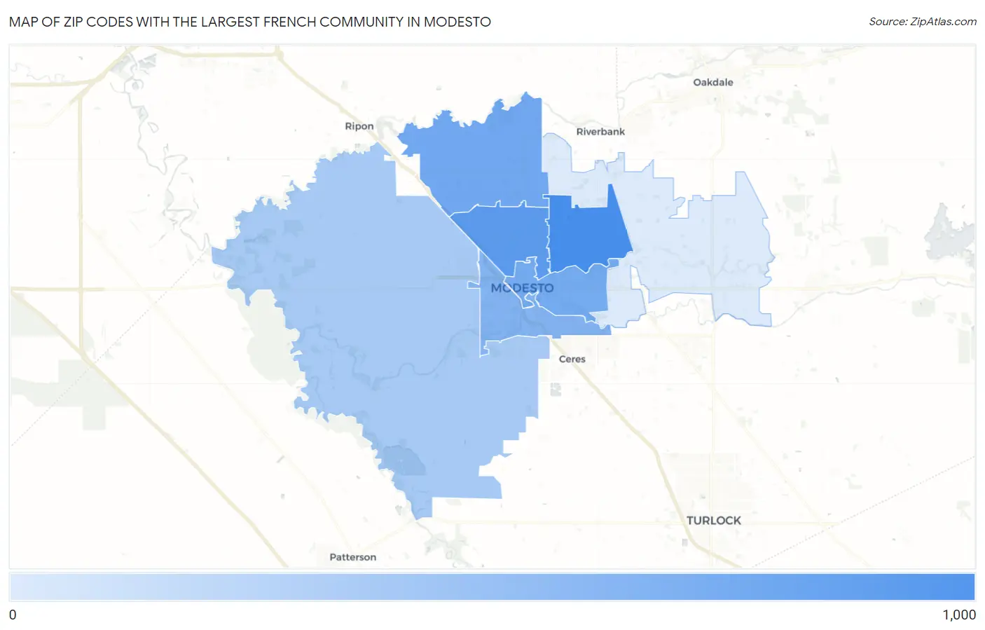 Zip Codes with the Largest French Community in Modesto Map