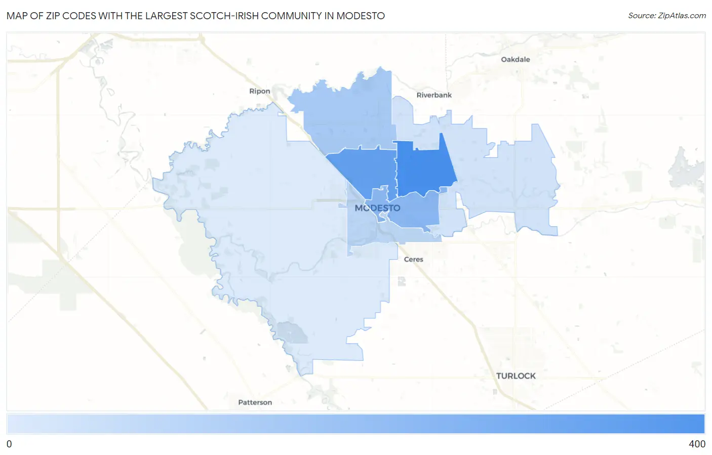 Zip Codes with the Largest Scotch-Irish Community in Modesto Map