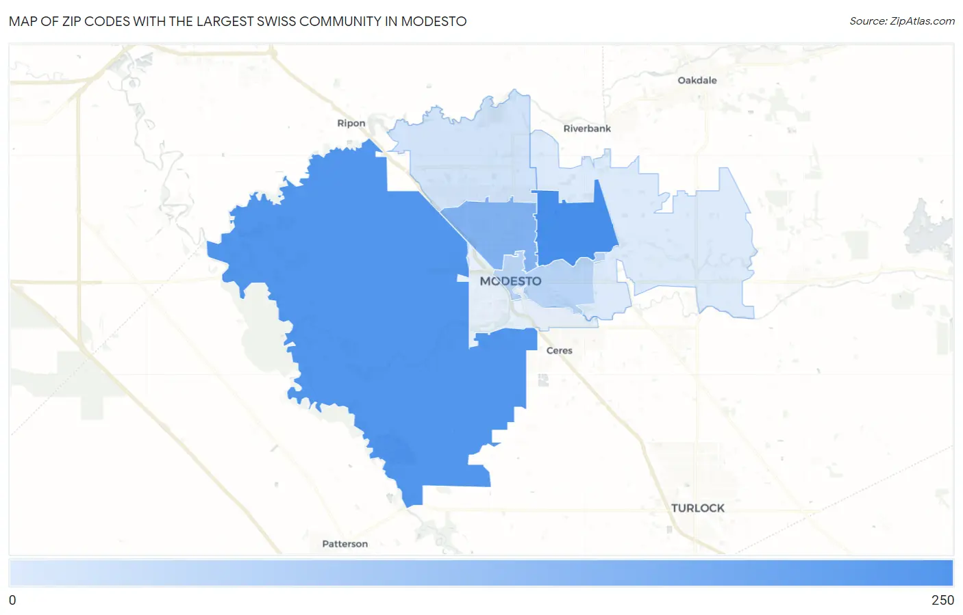Zip Codes with the Largest Swiss Community in Modesto Map