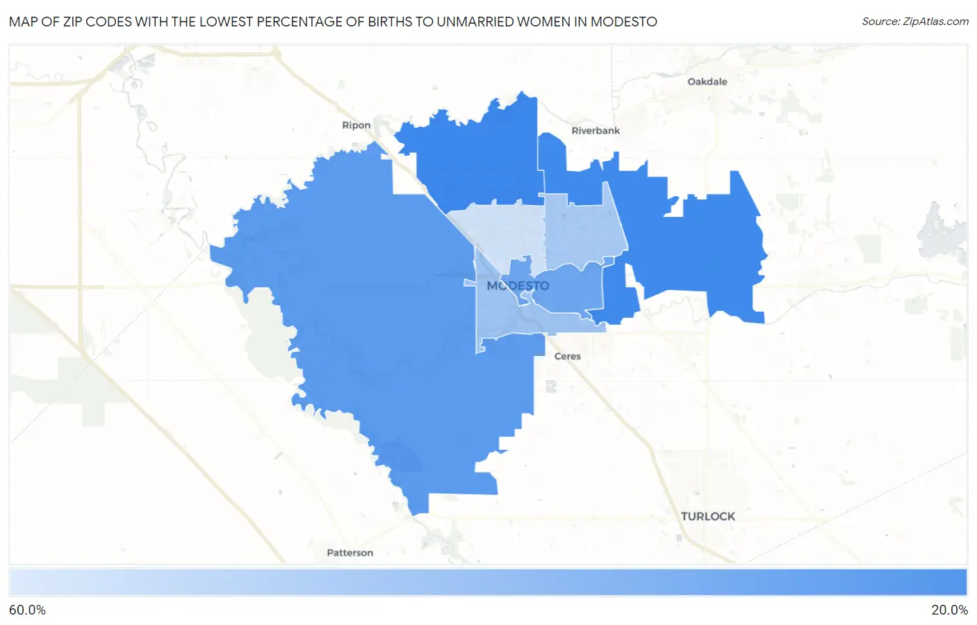 Zip Codes with the Lowest Percentage of Births to Unmarried Women in Modesto Map