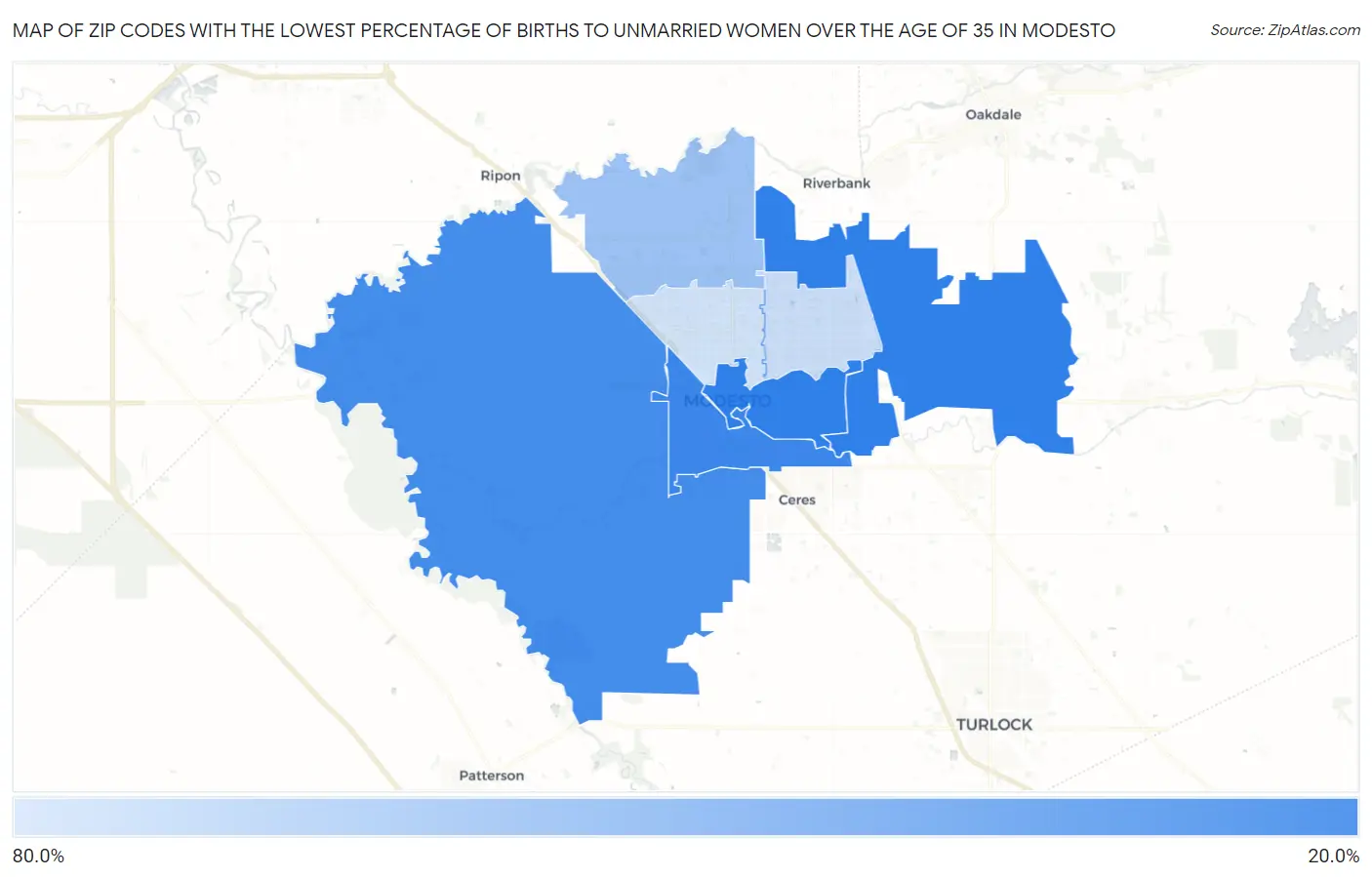 Zip Codes with the Lowest Percentage of Births to Unmarried Women over the Age of 35 in Modesto Map