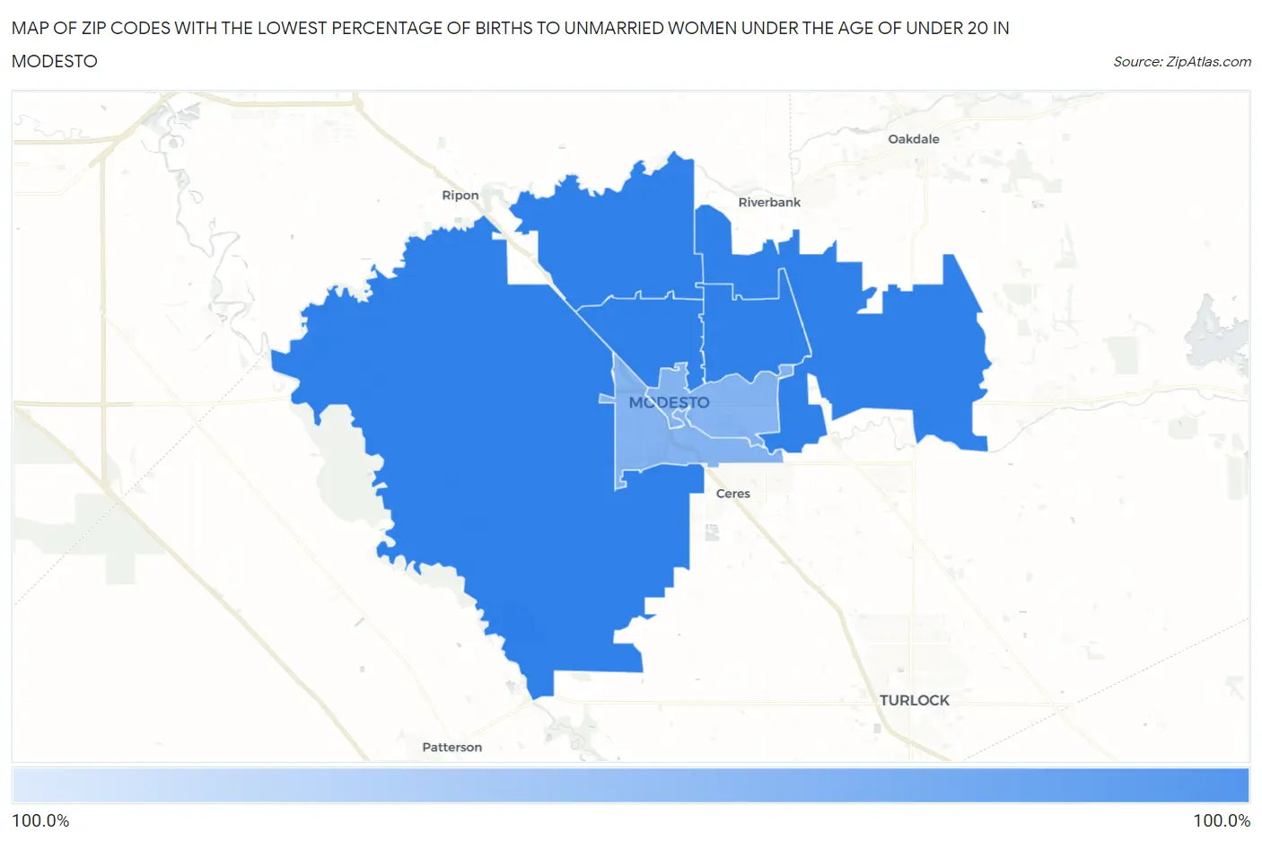 Zip Codes with the Lowest Percentage of Births to Unmarried Women under the Age of under 20 in Modesto Map