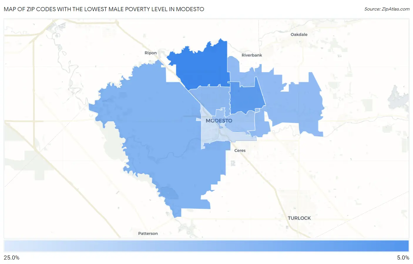 Zip Codes with the Lowest Male Poverty Level in Modesto Map