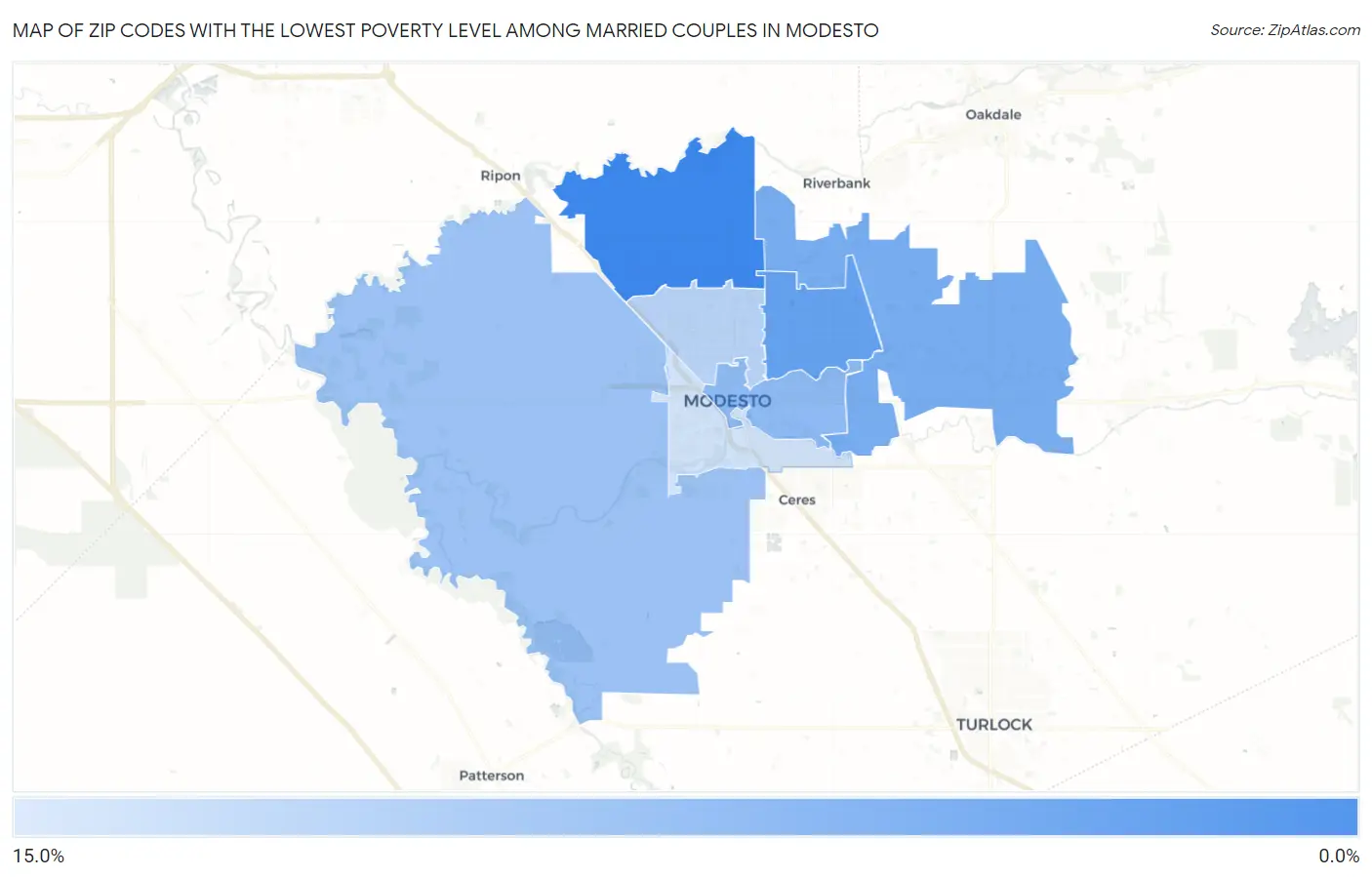 Zip Codes with the Lowest Poverty Level Among Married Couples in Modesto Map