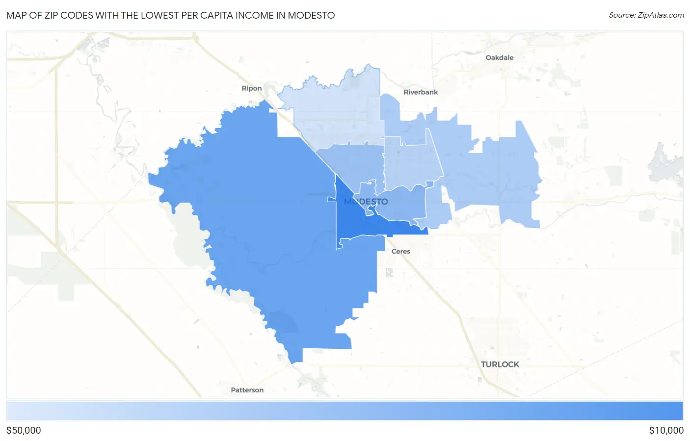 Zip Codes with the Lowest Per Capita Income in Modesto Map