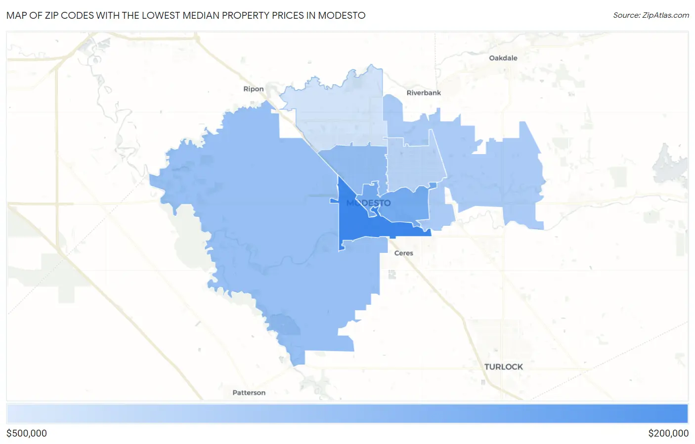 Zip Codes with the Lowest Median Property Prices in Modesto Map