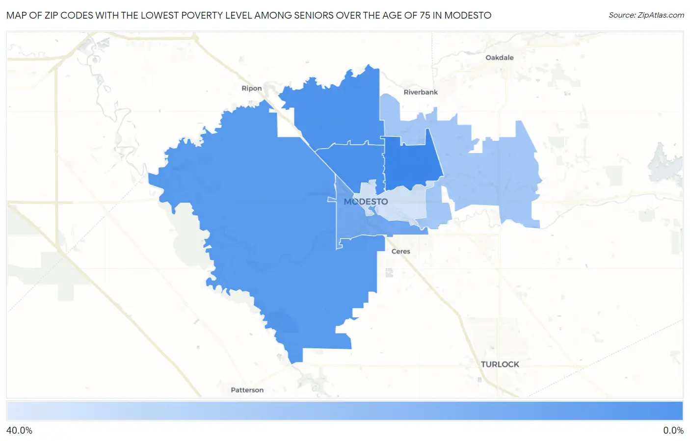 Zip Codes with the Lowest Poverty Level Among Seniors Over the Age of 75 in Modesto Map