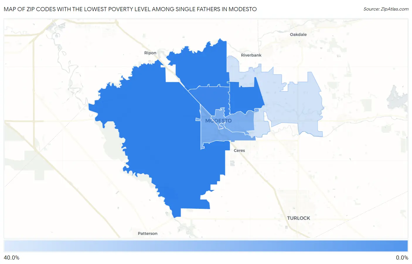 Zip Codes with the Lowest Poverty Level Among Single Fathers in Modesto Map