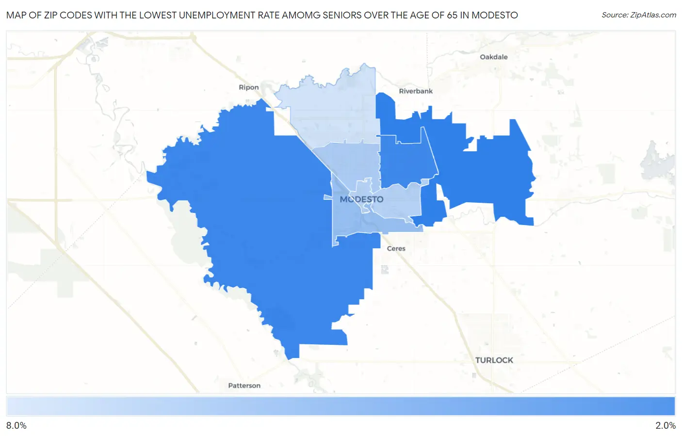 Zip Codes with the Lowest Unemployment Rate Amomg Seniors Over the Age of 65 in Modesto Map