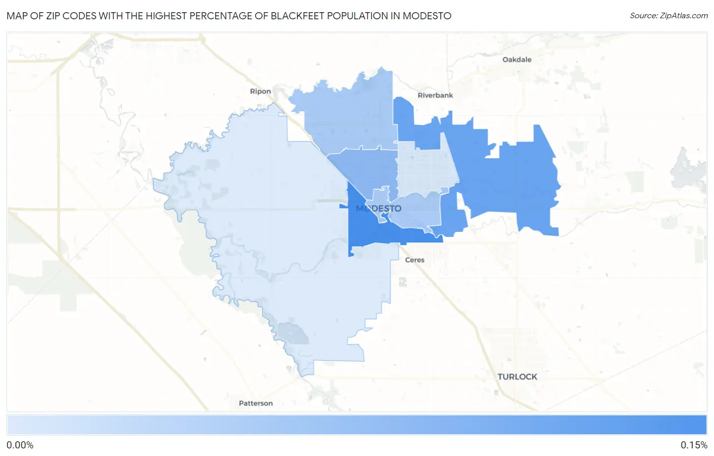 Zip Codes with the Highest Percentage of Blackfeet Population in Modesto Map