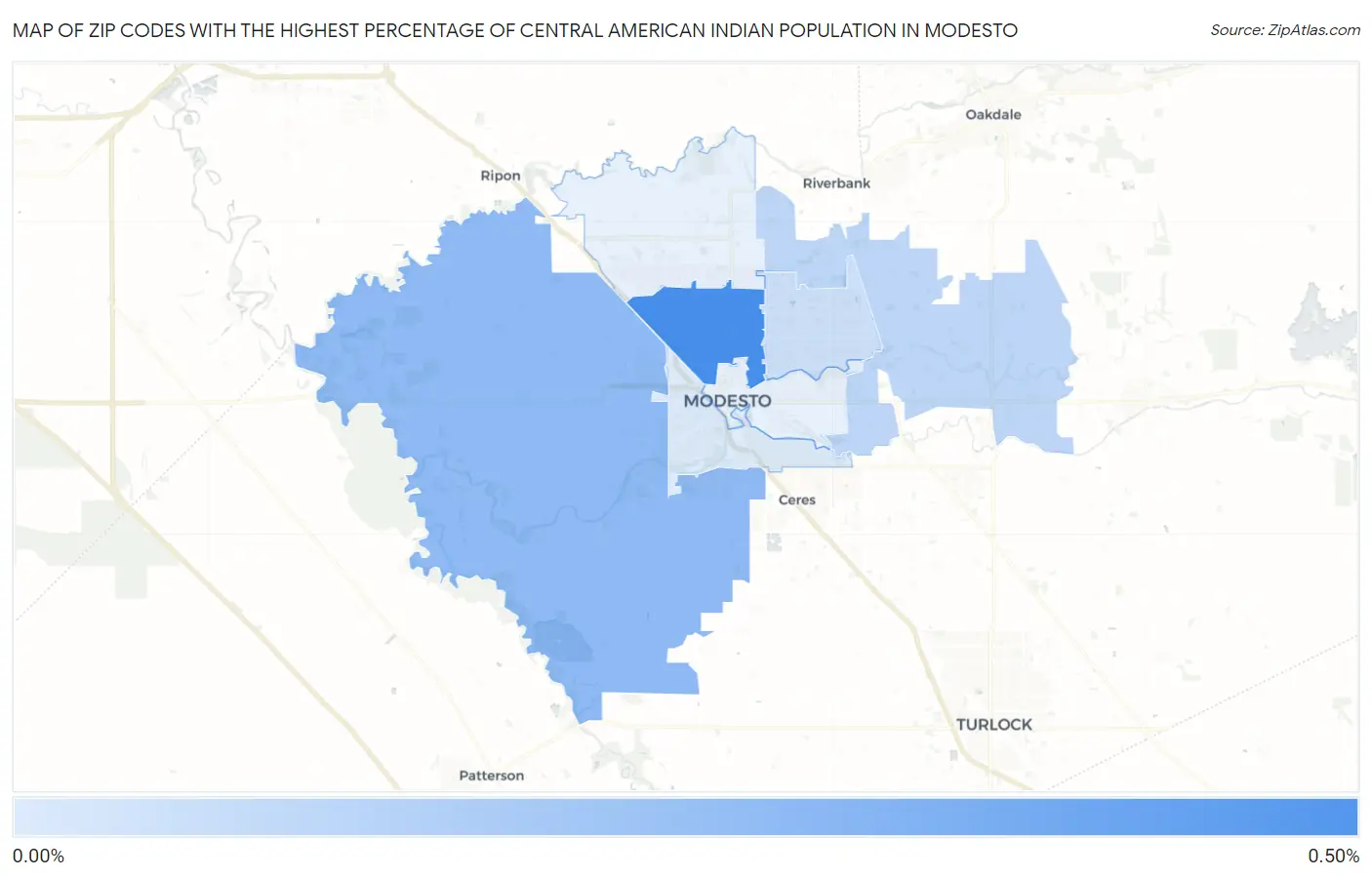 Zip Codes with the Highest Percentage of Central American Indian Population in Modesto Map