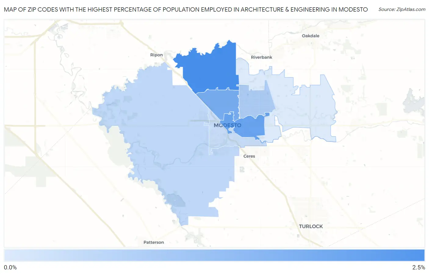 Zip Codes with the Highest Percentage of Population Employed in Architecture & Engineering in Modesto Map