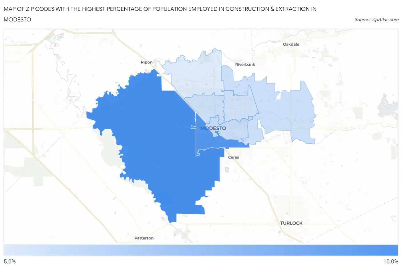 Zip Codes with the Highest Percentage of Population Employed in Construction & Extraction in Modesto Map