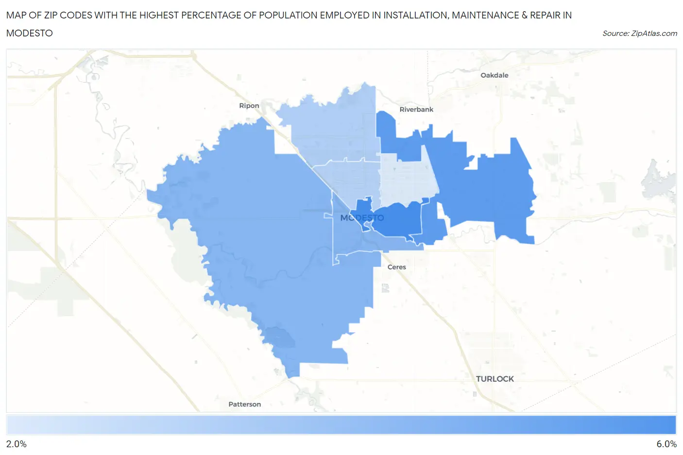 Zip Codes with the Highest Percentage of Population Employed in Installation, Maintenance & Repair in Modesto Map