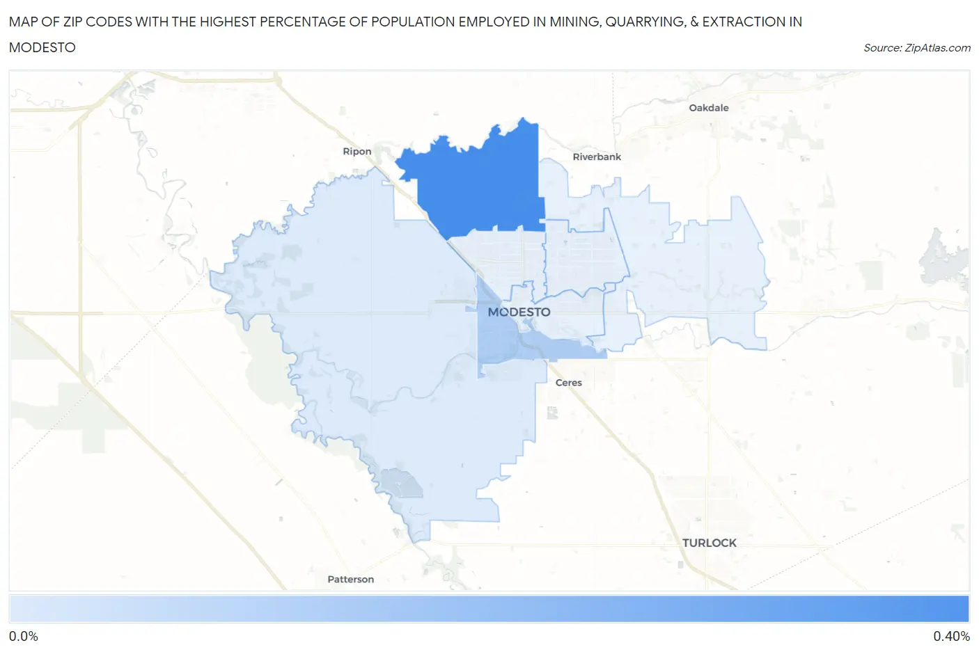 Zip Codes with the Highest Percentage of Population Employed in Mining, Quarrying, & Extraction in Modesto Map
