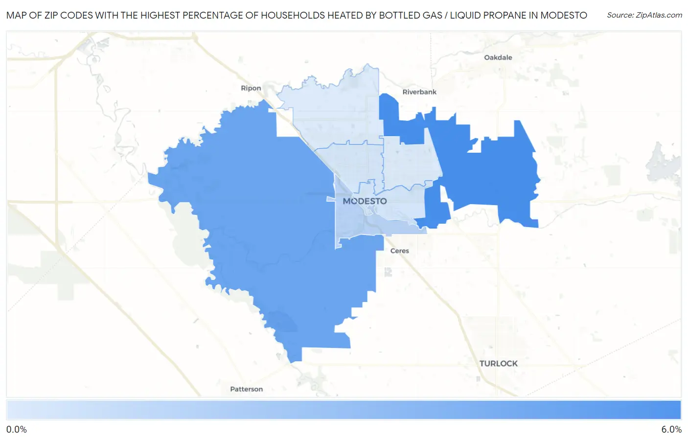 Zip Codes with the Highest Percentage of Households Heated by Bottled Gas / Liquid Propane in Modesto Map