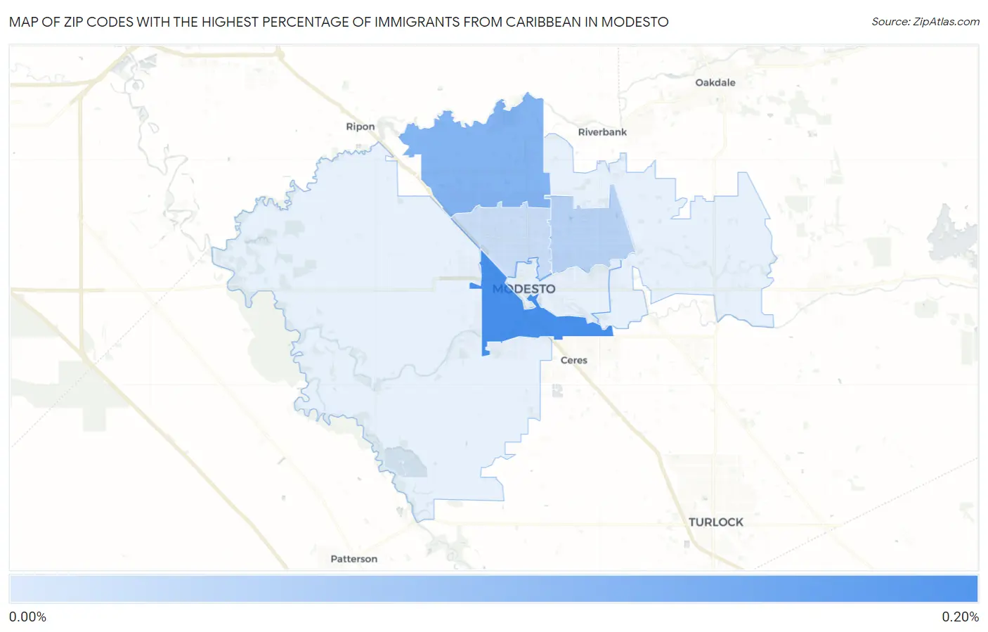 Zip Codes with the Highest Percentage of Immigrants from Caribbean in Modesto Map