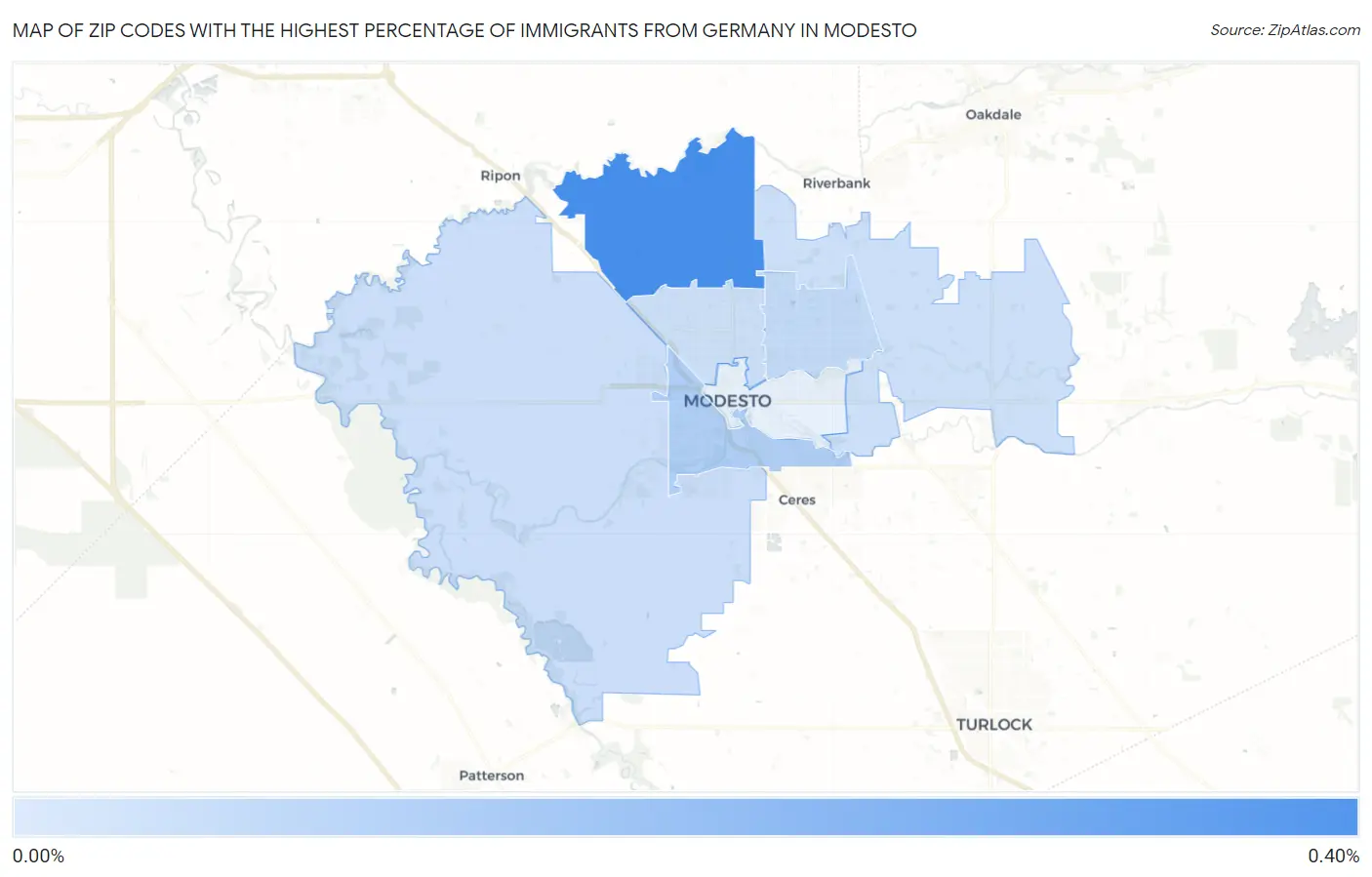 Zip Codes with the Highest Percentage of Immigrants from Germany in Modesto Map