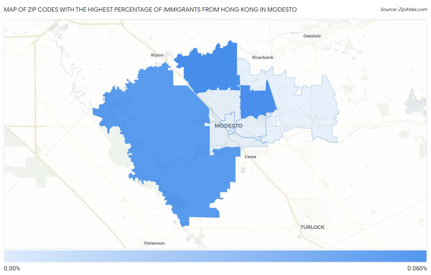 Zip Codes with the Highest Percentage of Immigrants from Hong Kong in Modesto Map