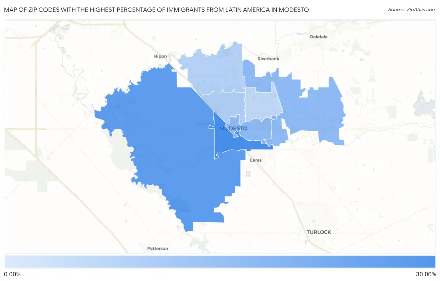Zip Codes with the Highest Percentage of Immigrants from Latin America in Modesto Map
