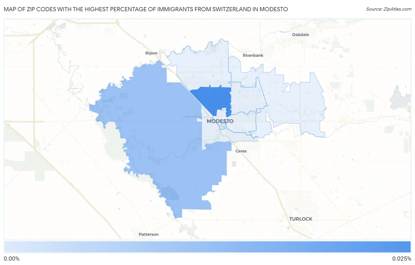 Zip Codes with the Highest Percentage of Immigrants from Switzerland in Modesto Map