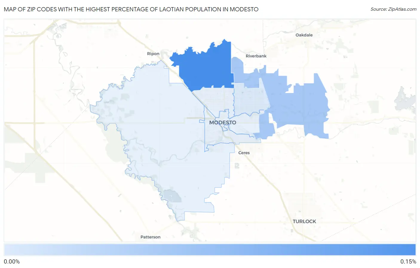 Zip Codes with the Highest Percentage of Laotian Population in Modesto Map