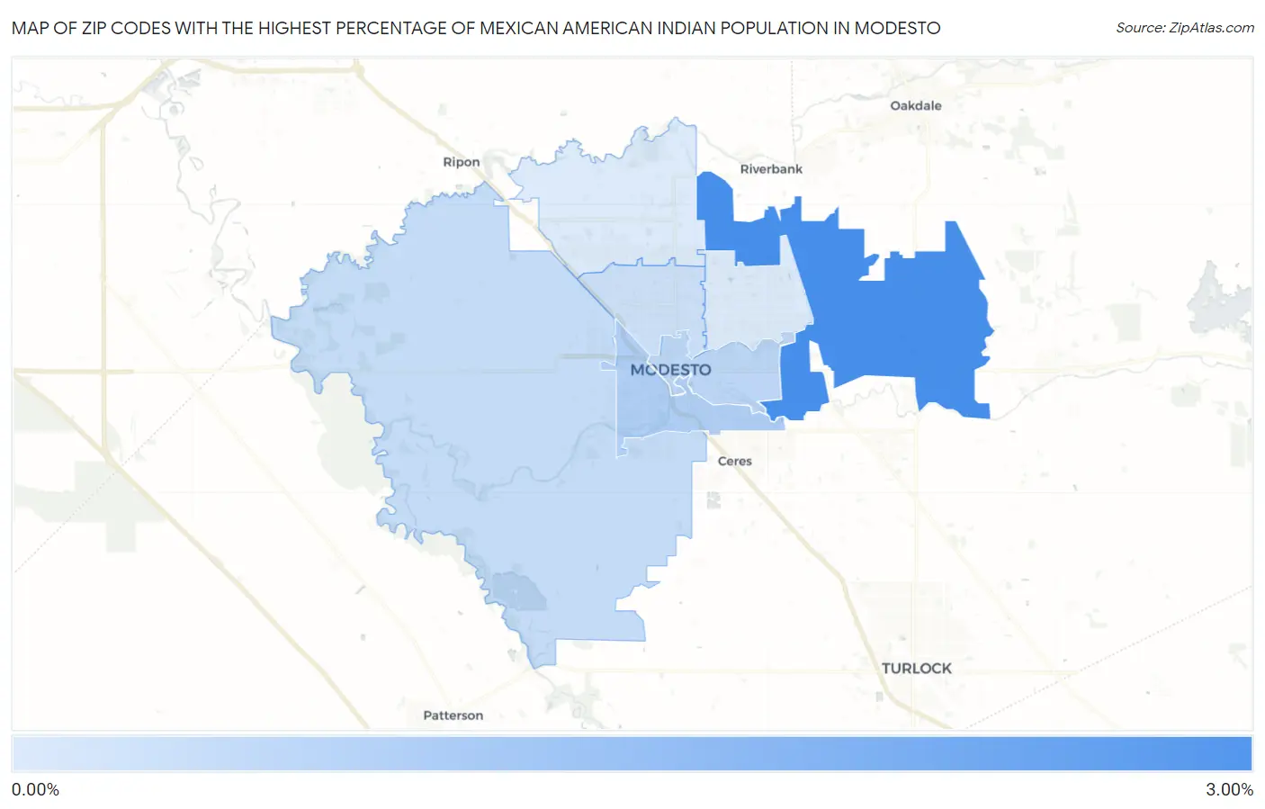 Zip Codes with the Highest Percentage of Mexican American Indian Population in Modesto Map