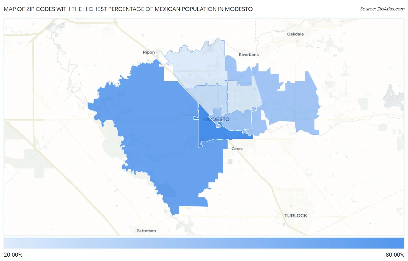 Zip Codes with the Highest Percentage of Mexican Population in Modesto Map