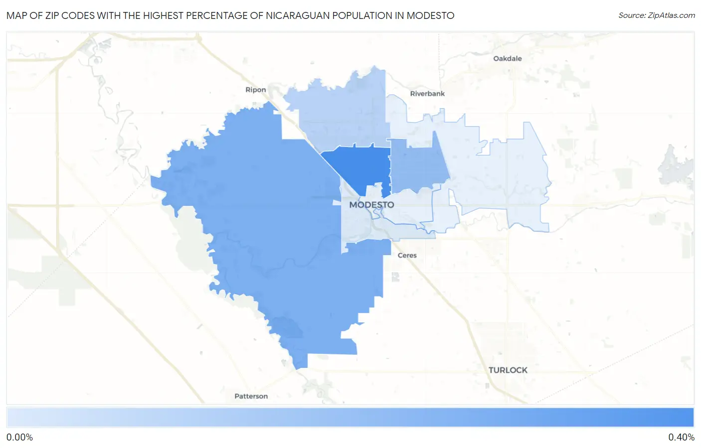 Zip Codes with the Highest Percentage of Nicaraguan Population in Modesto Map