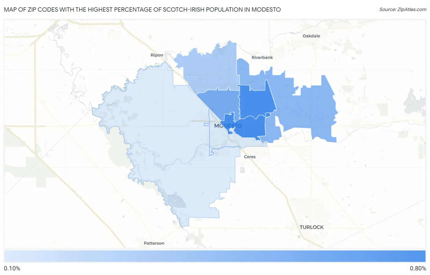 Zip Codes with the Highest Percentage of Scotch-Irish Population in Modesto Map