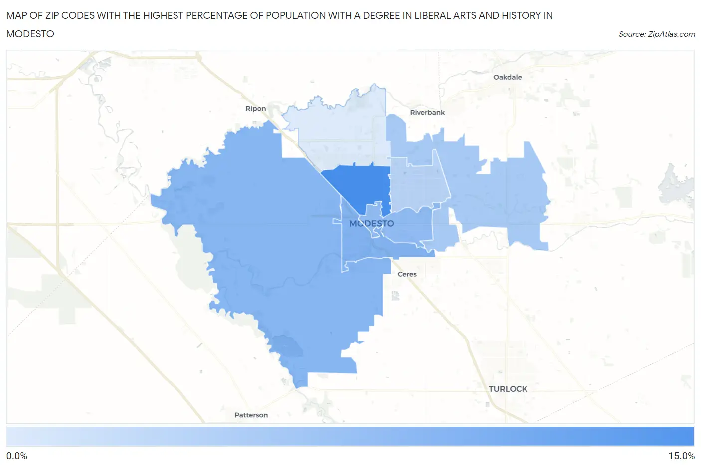 Zip Codes with the Highest Percentage of Population with a Degree in Liberal Arts and History in Modesto Map