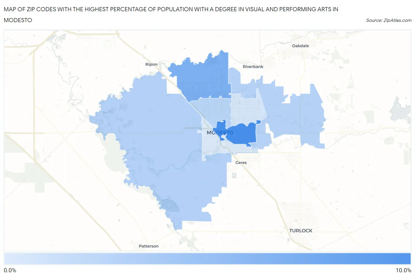 Zip Codes with the Highest Percentage of Population with a Degree in Visual and Performing Arts in Modesto Map