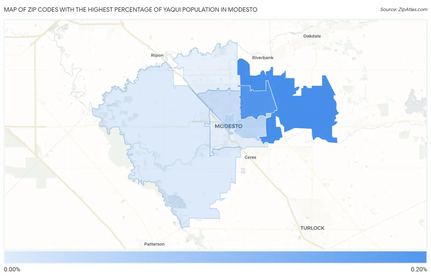 Zip Codes with the Highest Percentage of Yaqui Population in Modesto Map
