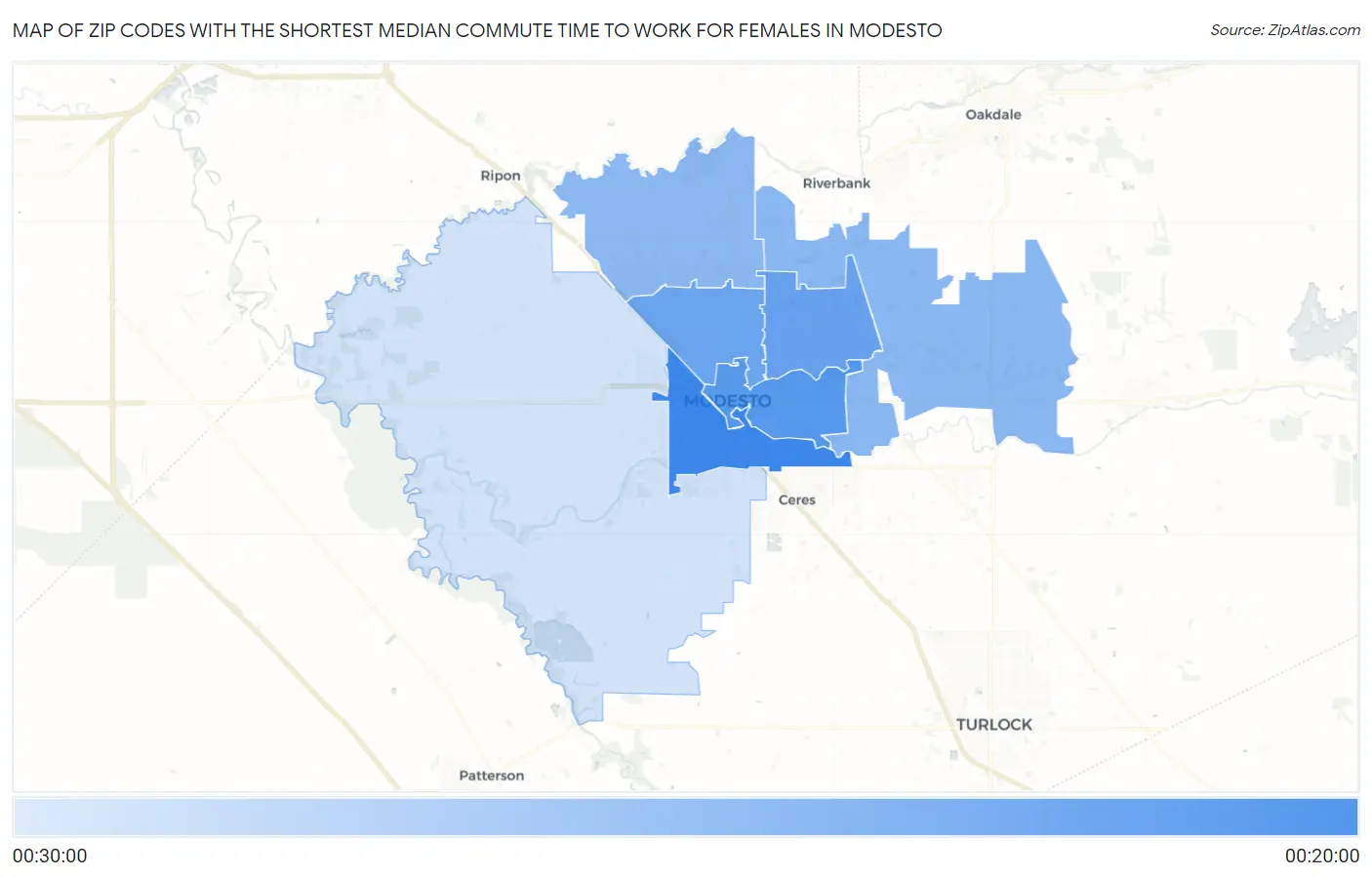 Zip Codes with the Shortest Median Commute Time to Work for Females in Modesto Map