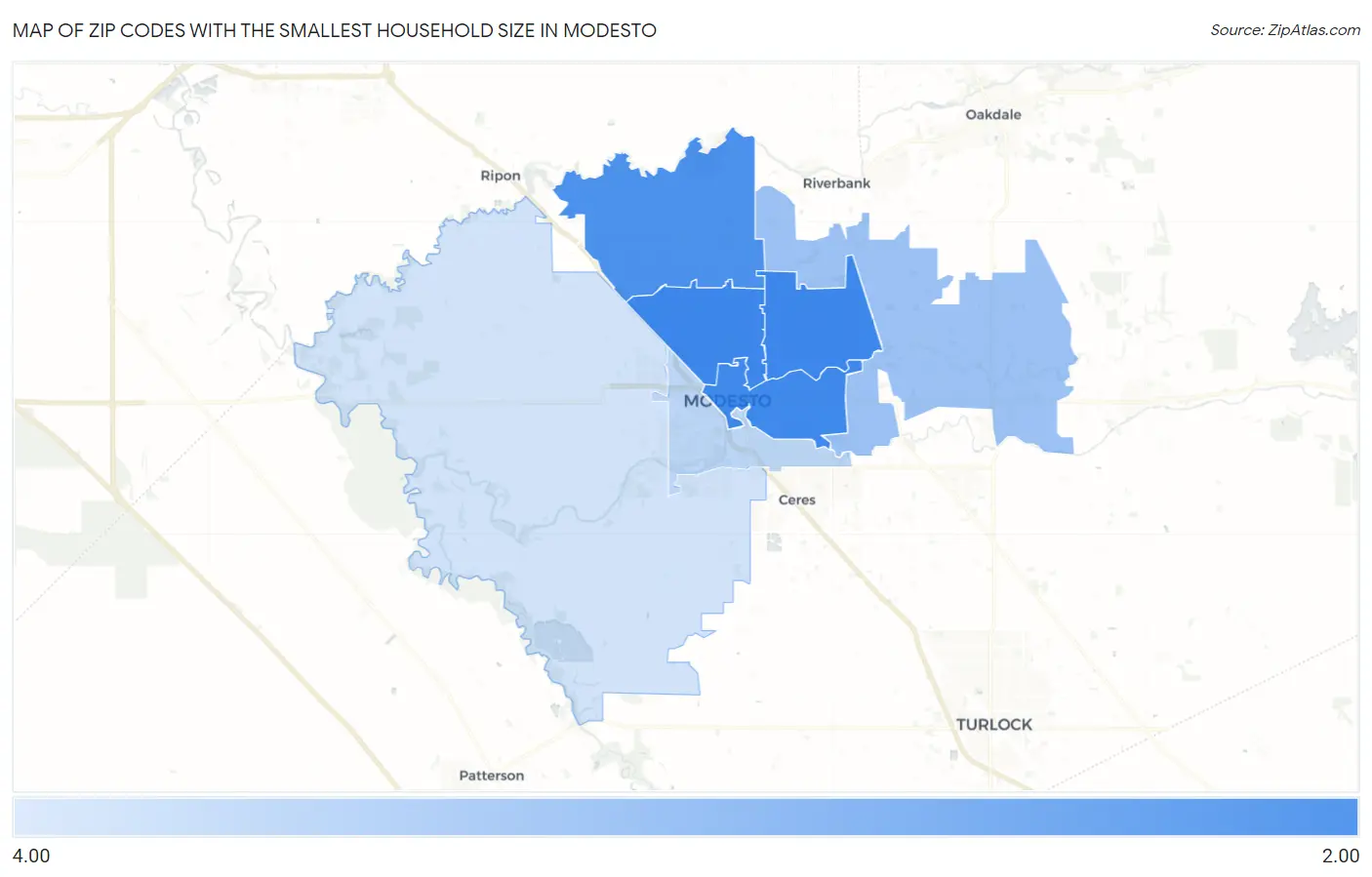 Zip Codes with the Smallest Household Size in Modesto Map