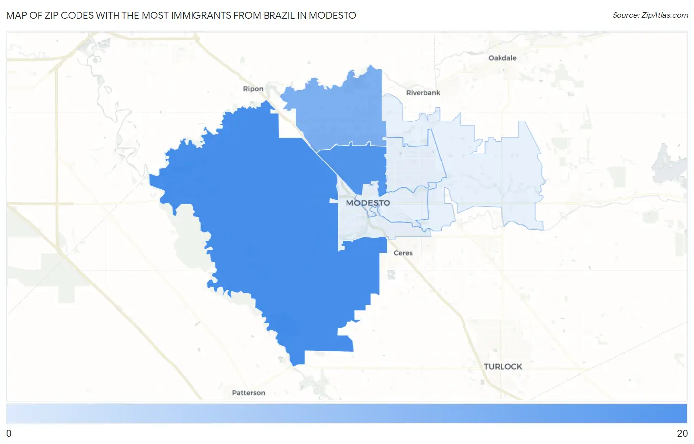 Zip Codes with the Most Immigrants from Brazil in Modesto Map