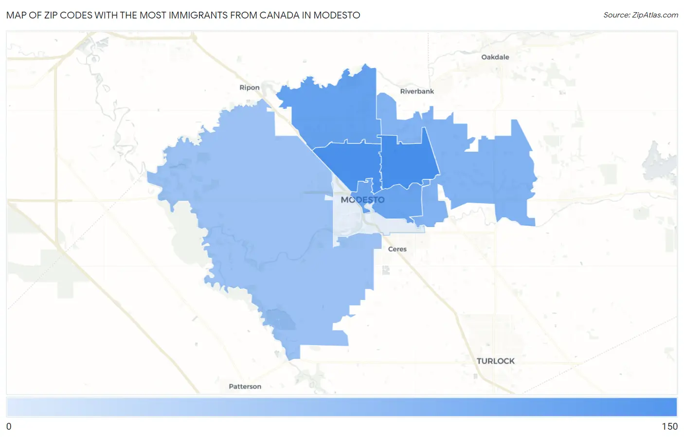 Zip Codes with the Most Immigrants from Canada in Modesto Map