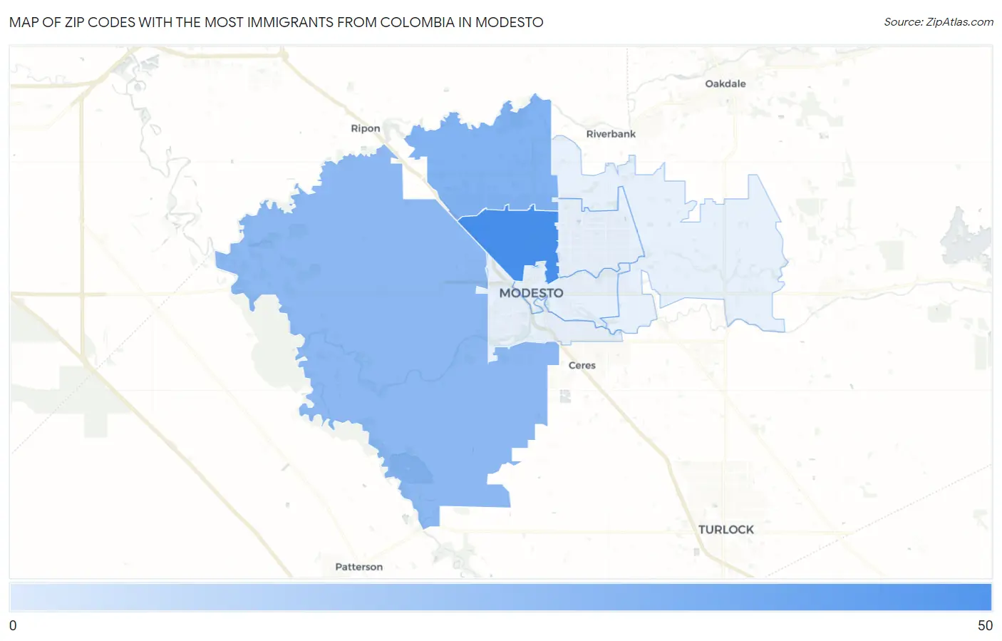 Zip Codes with the Most Immigrants from Colombia in Modesto Map