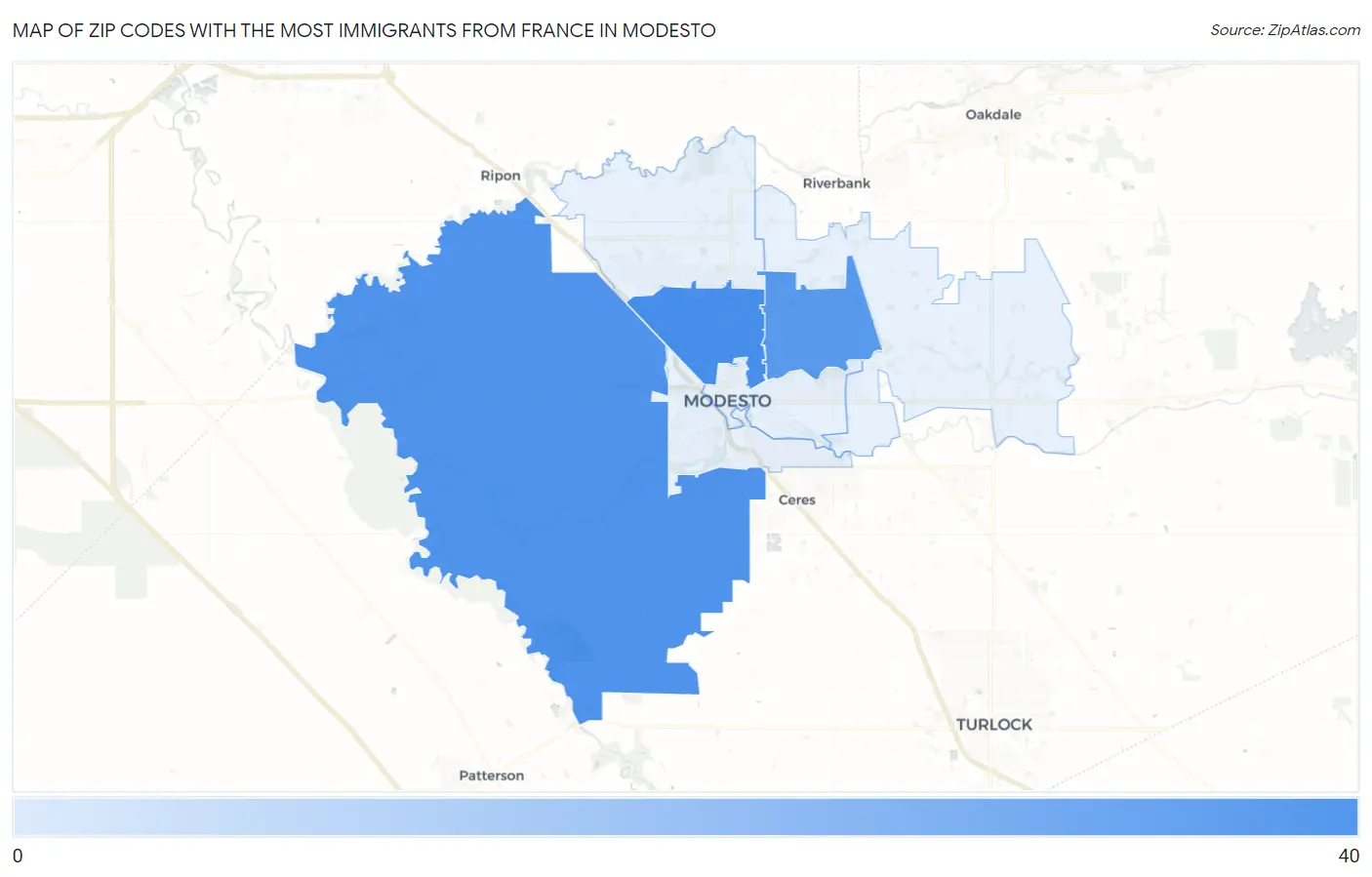Zip Codes with the Most Immigrants from France in Modesto Map