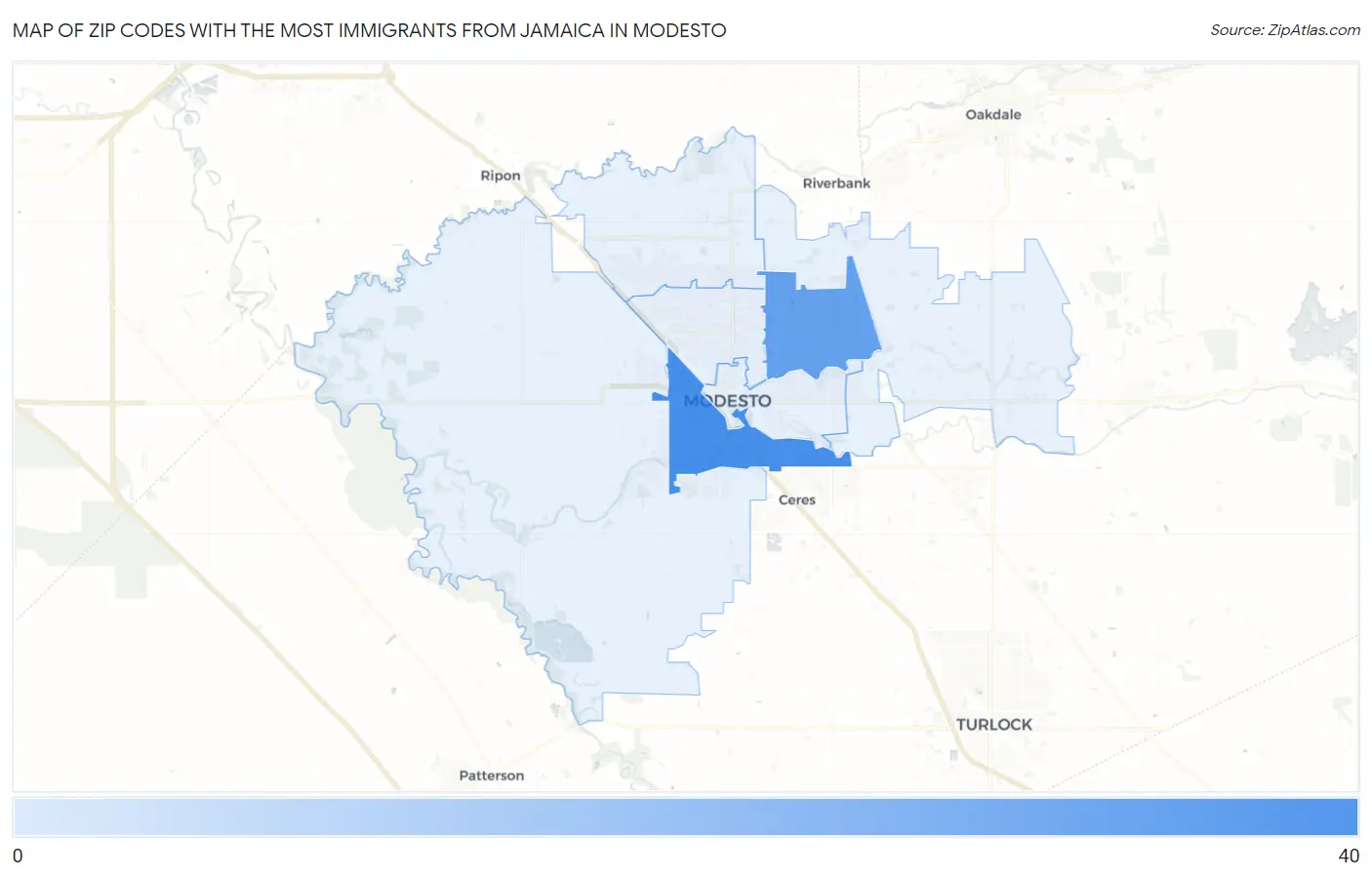 Zip Codes with the Most Immigrants from Jamaica in Modesto Map