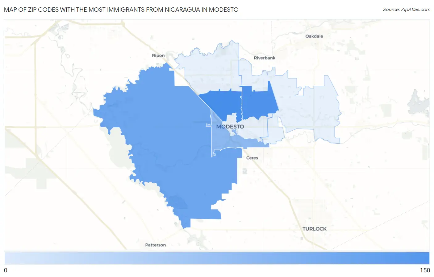 Zip Codes with the Most Immigrants from Nicaragua in Modesto Map