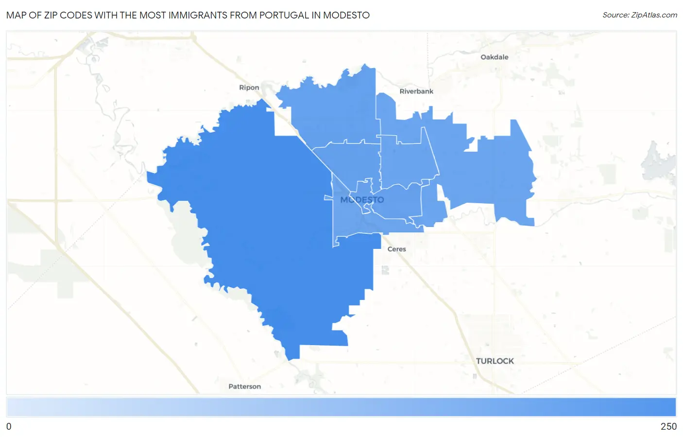 Zip Codes with the Most Immigrants from Portugal in Modesto Map