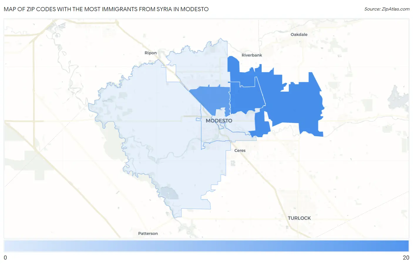Zip Codes with the Most Immigrants from Syria in Modesto Map